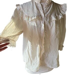 Cambais Cream Ruffled button down striped Blouse Sz 12 vintage 1980s white